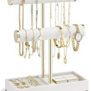 2 Tier Bracelet Holder Organizer with Tray - Leather Jewelry Stand Organizer for